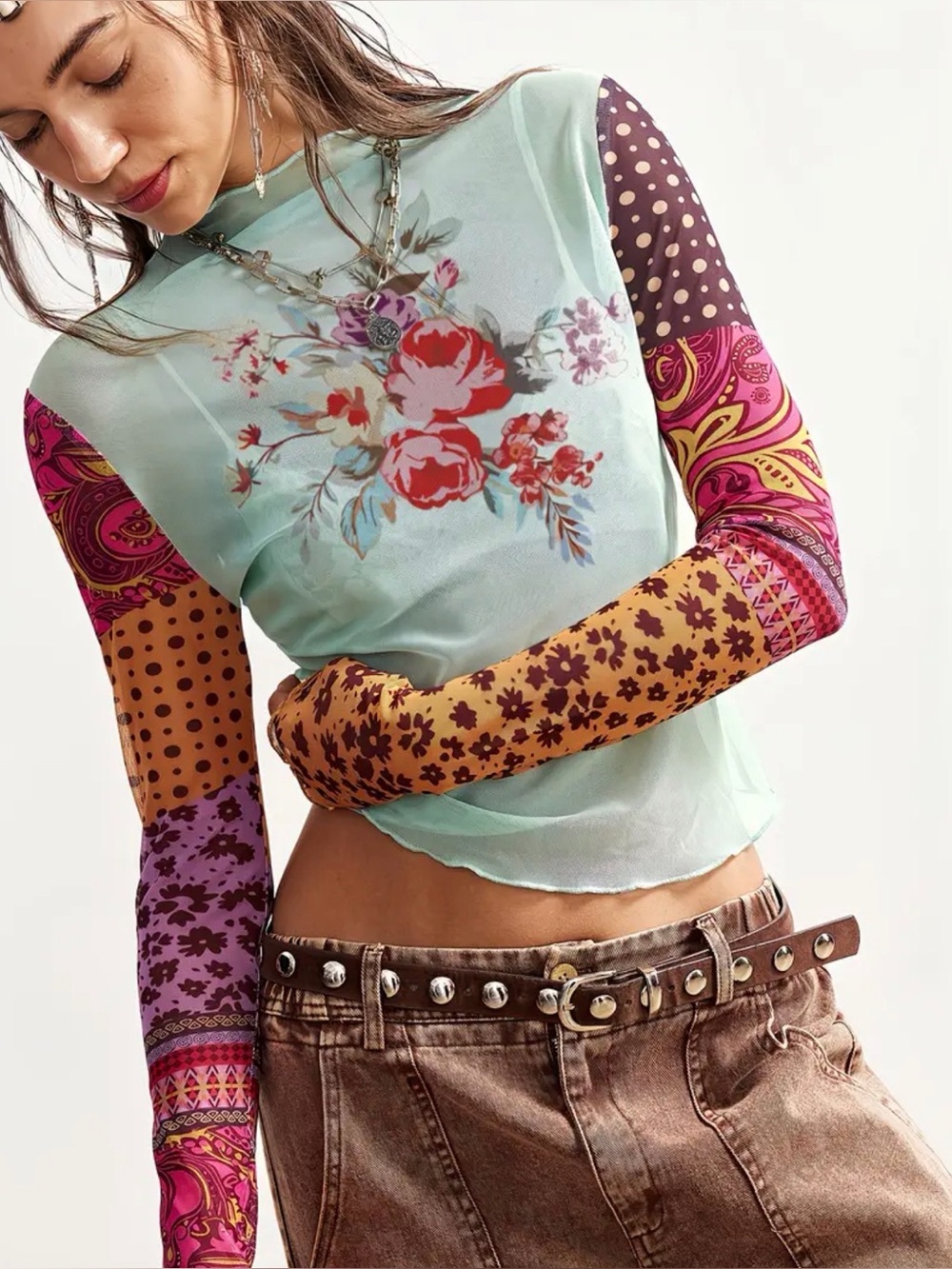 Floral Mesh Long-Sleeve Crop Top - Mint with Multicolor Sleeves